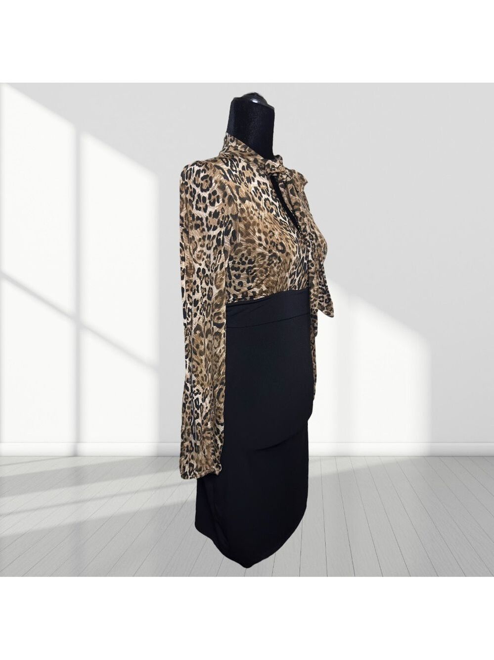 Seduction Leopard Print Black Bodycon Dress Tie Neck Long Sleeve | Size Small - Picture 5 of 8